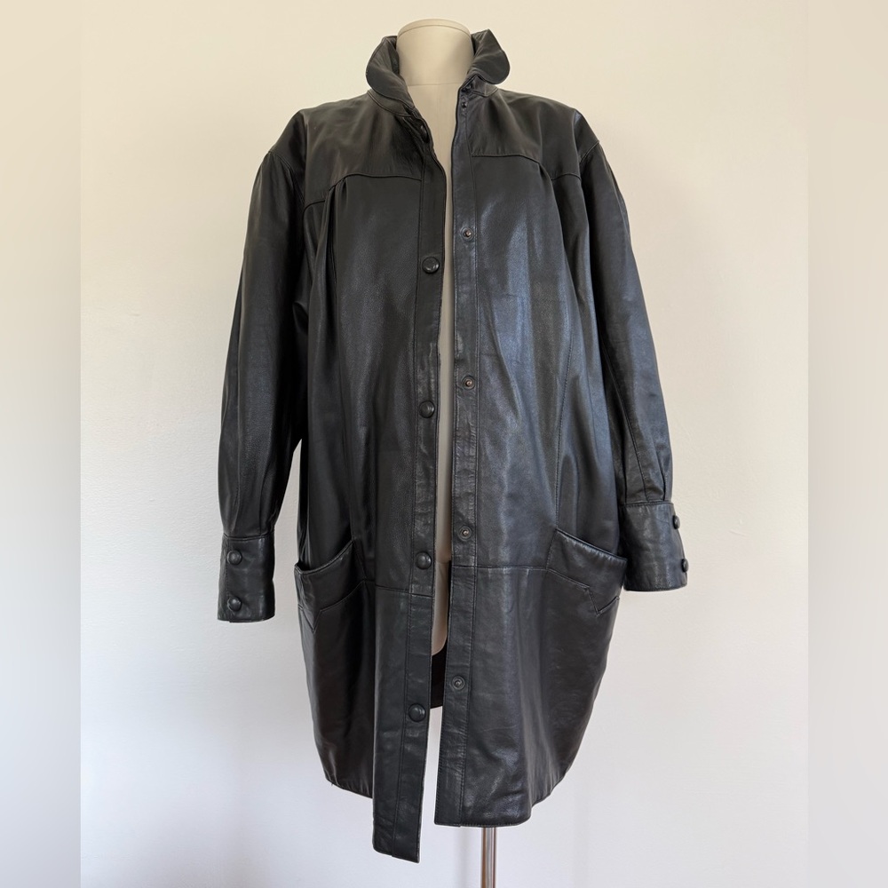Vintage Black Leather Jacket Women's Coat Oversized 1990s
